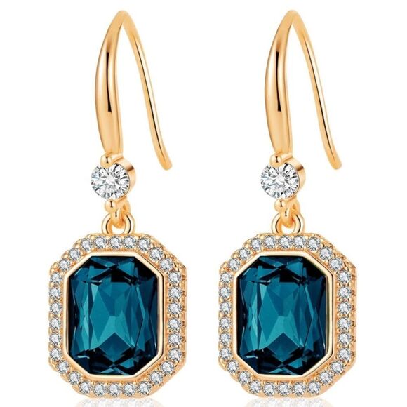 14K Yellow Gold with London Blue Topaz Austrian Crystal Octagon Halo Earrings